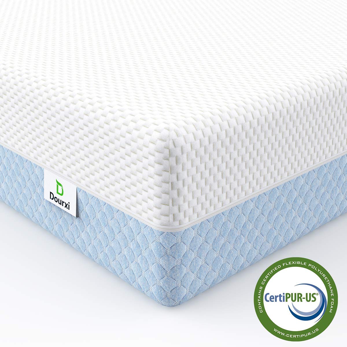 Dourxi Crib Mattress, Dual Sided Comfort Memory Foam Toddler Bed Mattress, Triple-Layer Breathable Premium Baby Mattress for Infant and Toddler w/Removable Outer Cover - White&Blue