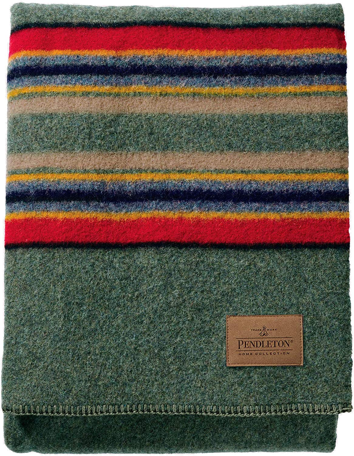 Pendleton Yakima Camp Thick Warm Wool Indoor Outdoor Striped Throw Blanket, Green Heather, Twin Size