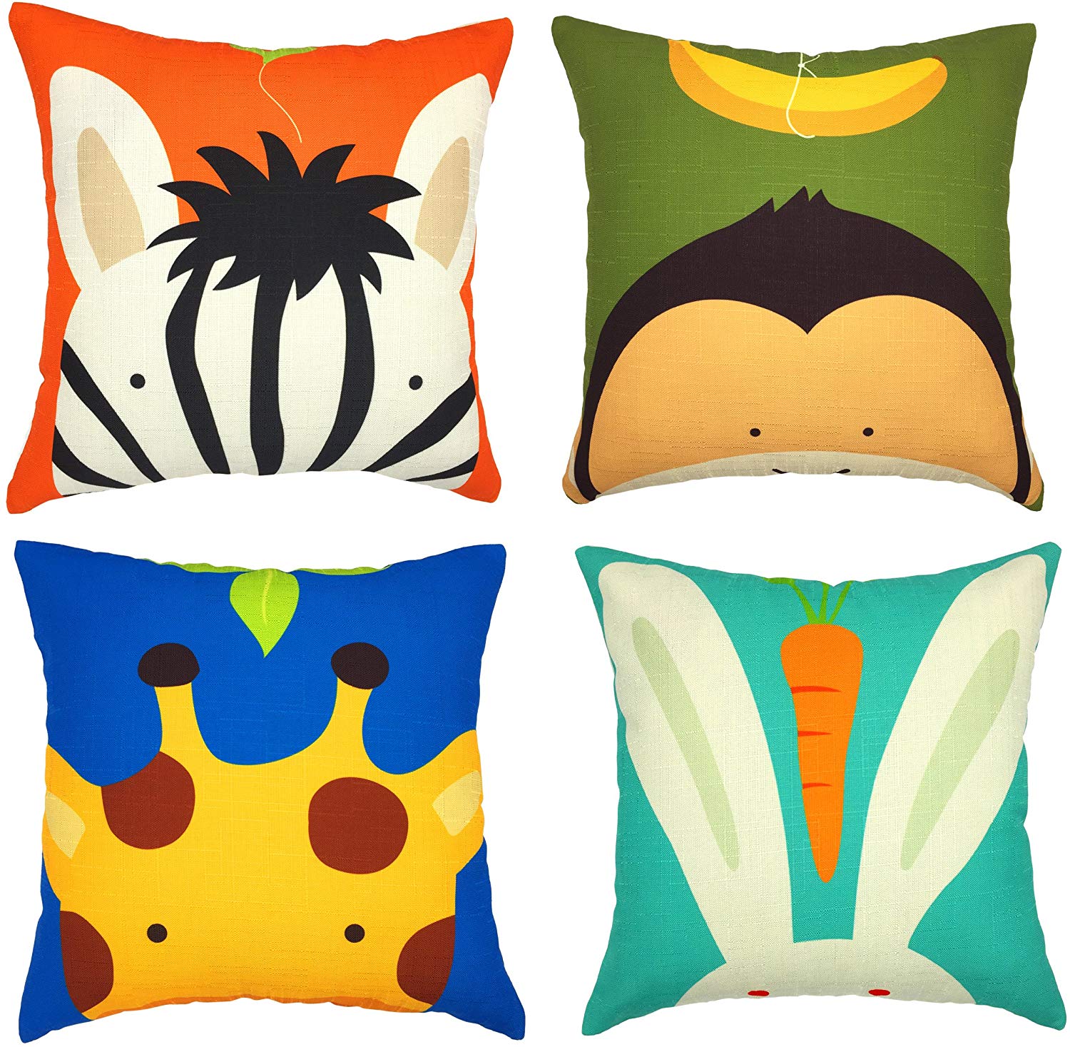 YOUR SMILE Children Series Cotton Linen Cute Animal Decorative Throw Pillow Case Cushion Cover Pillowcase for Sofa 18 x 18 Inch, Set of 4
