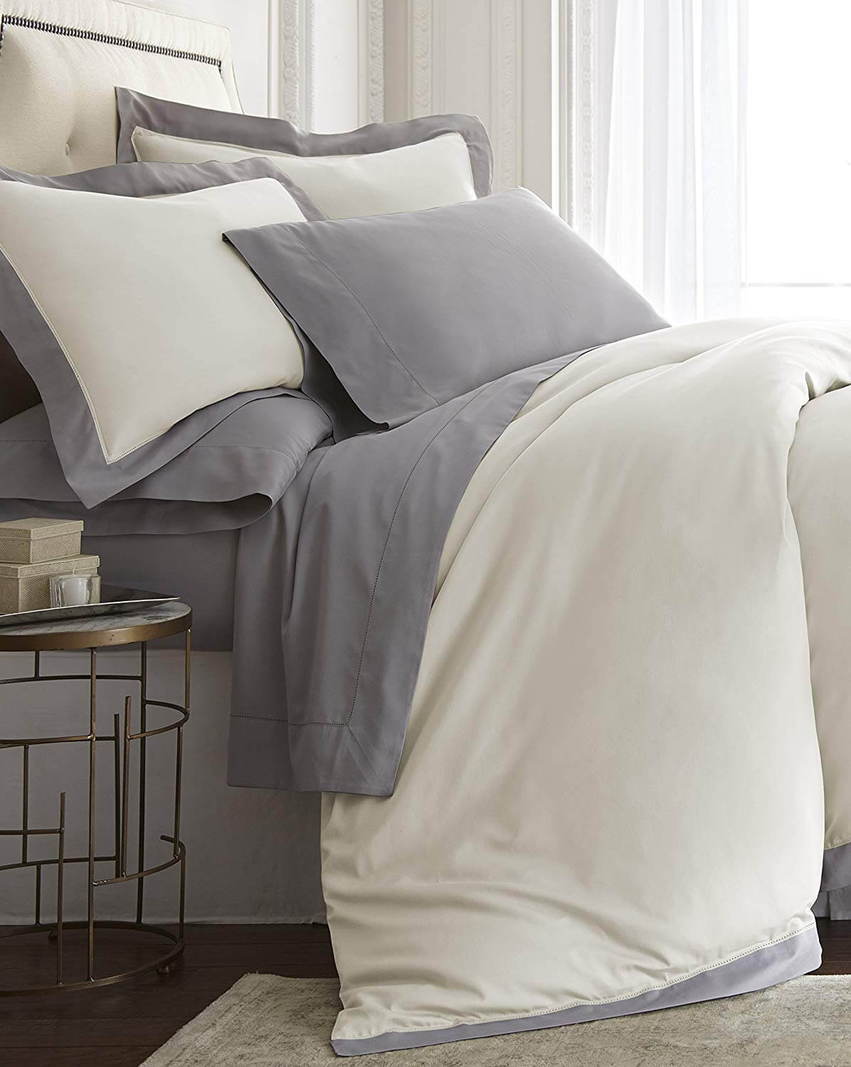 Cozy Beddings Barolo 4pcs Sheet Set Applique/Hemstitch Eucalyptus Tencel Lyocell Cotton Grey Color | King Size Bed