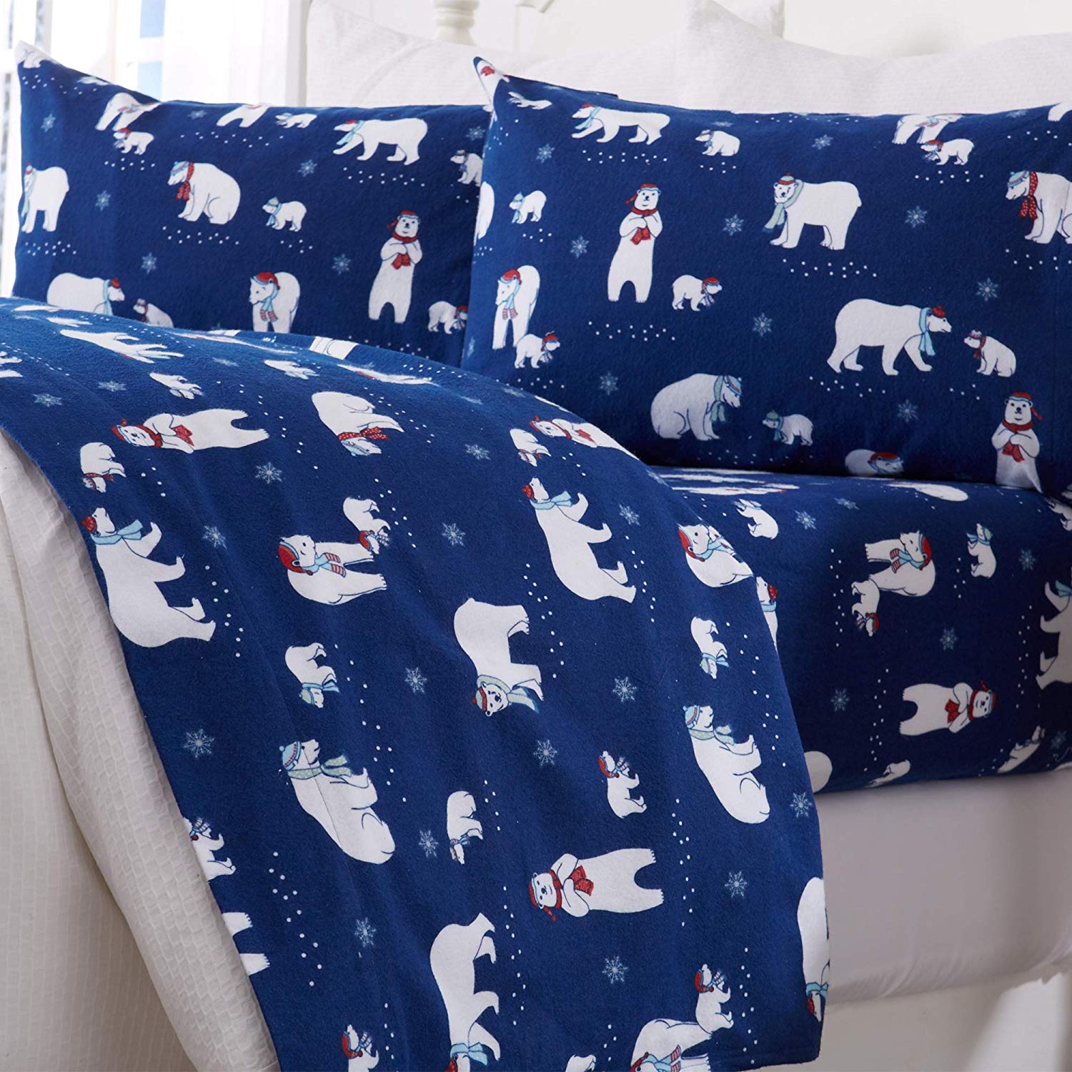 Great Bay Home Extra Soft Printed 100% Turkish Cotton Flannel Sheet Set. Warm, Cozy, Luxury Winter Bed Sheets. Belle Collection (Full, Navy Polar Bears)