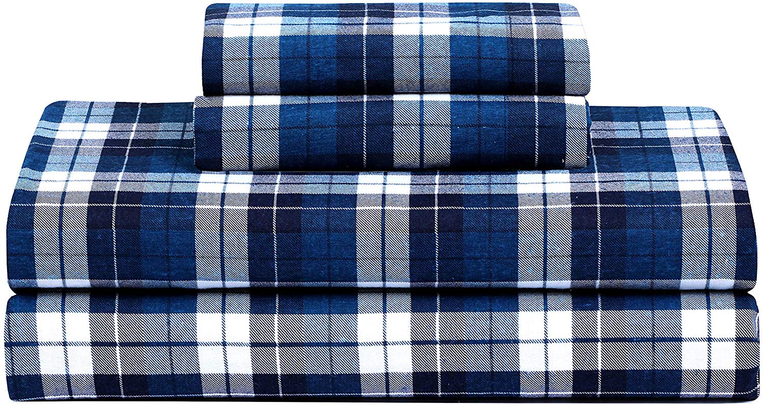 FEATHER & STITCH NEW YORK Luxury Cotton Flannel Sheets with Deep Pocket, Warm for Winter, Cozy, Lightweight, Winter Sheet Sets (Full, Navy Blue Plaid)