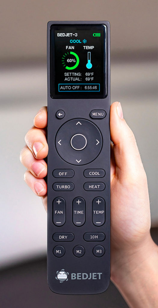 A black BedJet 3 remote with a digital screen.