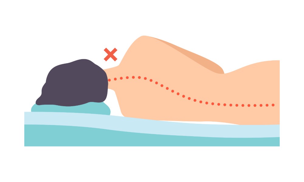 Man lying on his side, seen from behind, incorrect sleeping posture for neck and spine, unhealthy sleeping position vector Illustration