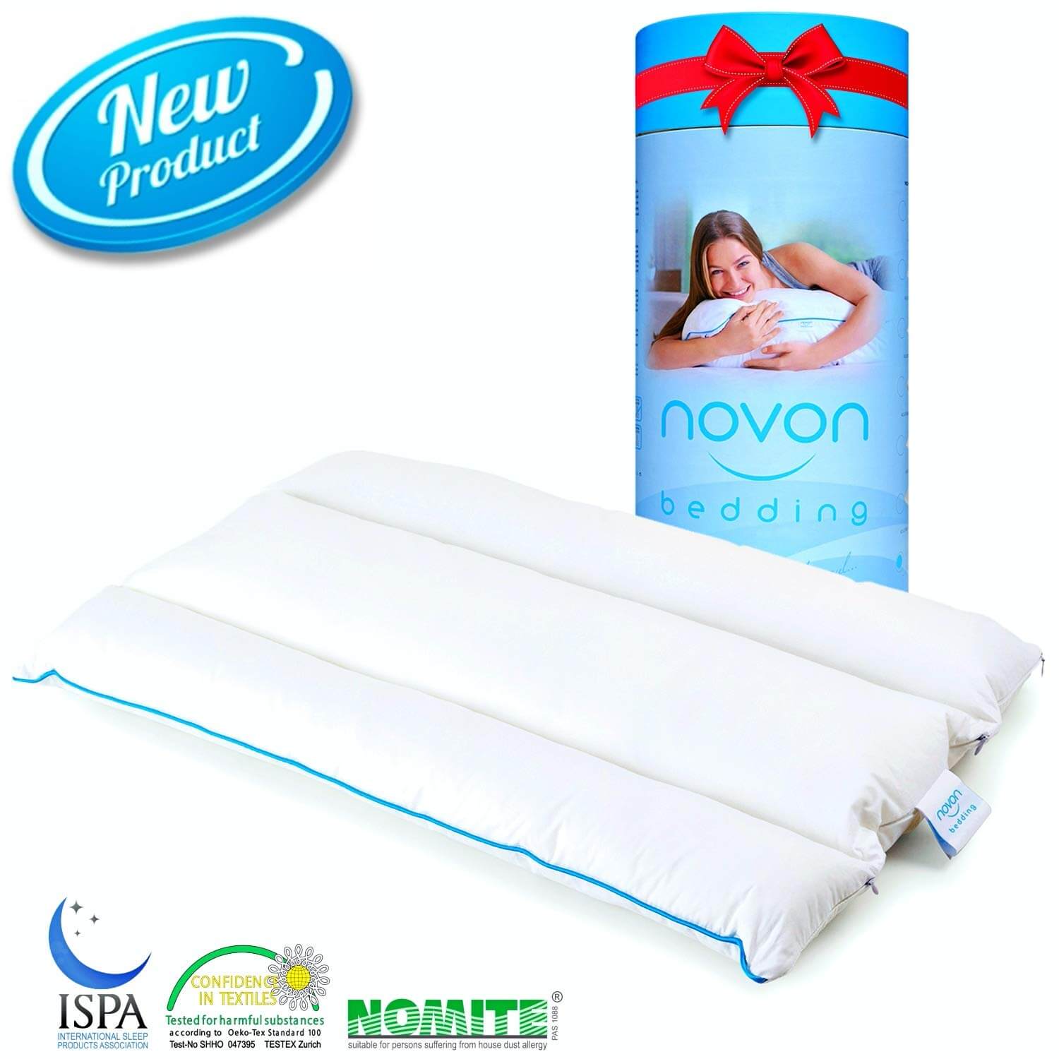 NOVON BEDDING Thin Flat Pillow for Sleeping | Slim Microfiber Center with Adjustable Top Bottom Cervical Neck Support Rolls for Back and Stomach Sleepers, Petite Body Forms & Kids