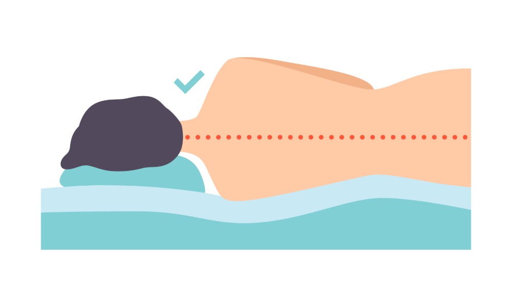 Man lying on his side, correct sleeping posture for neck and spine, healthy sleeping position, orthopedic mattress and pillow vector Illustration